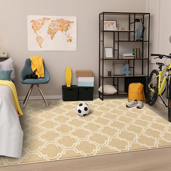 Chicrug Shag Geometric Modern Area Rug for Living Room, 3x5 Feet Large Memory Foam Indoor Carpet, Fluffy Rug for Bedroom Bedside Room Decor for Family Girls Kids Nursery, Beige/White - LeafyLoom
