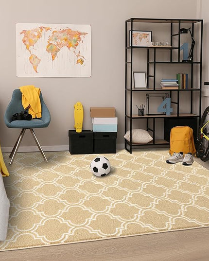 Chicrug Shag Geometric Modern Area Rug for Living Room, 5x7 Feet Large Memory Foam Indoor Carpet, Fluffy Rug for Bedroom Bedside Room Decor for Family Girls Kids Nursery, Beige/White - LeafyLoom