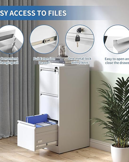 3 Drawer File Cabinet with Lock, Metal Vertical Filing Cabinets for Home Office, Steel Storage Cabinet for Hanging Legal/Letter Size Files, Assembly Required (White) - LeafyLoom