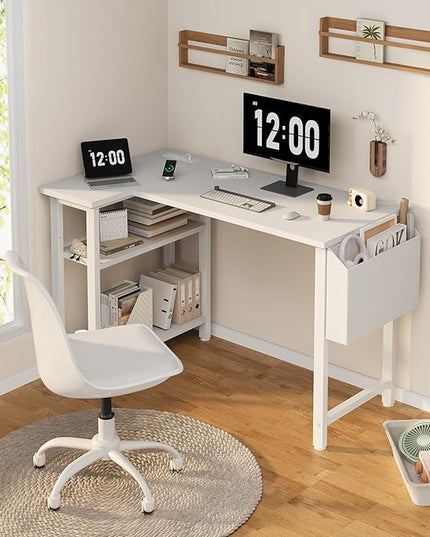 White L Shaped Computer Desk with Power Outlet Shelves, 40 Inch Small Corner Desk for Small Space Home Office, Study Work PC Desks for Bedroom, White - LeafyLoom