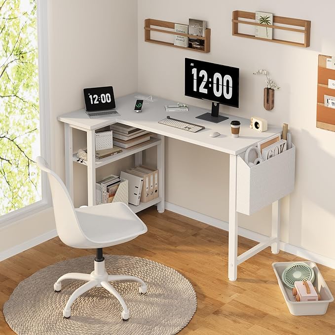 White L Shaped Computer Desk with Power Outlet Shelves, 40 Inch Small Corner Desk for Small Space Home Office, Study Work PC Desks for Bedroom, White - LeafyLoom