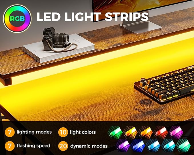 MOTPK Computer Desk with Led Lights & Power Outlet, 47 Inch Reversible Kids Desk with Shelves, Writing Desk with Adjustable Monitor Stand & Headphone Hook, Work Desk for Home Office, Brown - LeafyLoom