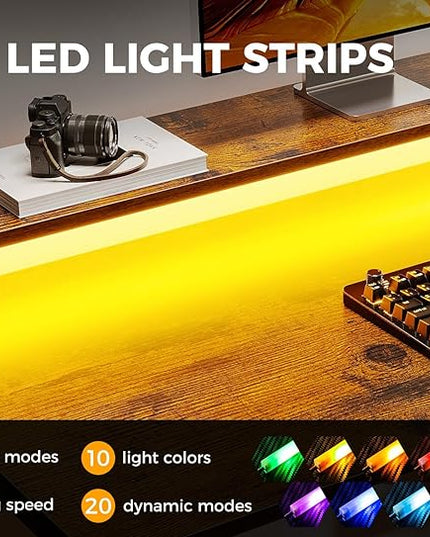 MOTPK Small Computer Desk with Led Lights & Power Outlet, 40 Inch Reversible Writing Desk with Shelves, Kids Desk with Adjustable Monitor Stand & Headphone Hook, Work Desk for Home Office, Brown - LeafyLoom