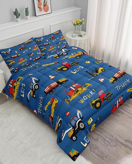 Axolotl Tractor Truck Bedding Set Queen,Excavator Comforter Set,Vehicles Truck Comforter,Boys Bedding Machinery Truck Comforter Construction Site Decor for Kids Boys Teens,1 Quilt 2 Pillowcases,Blue - LeafyLoom