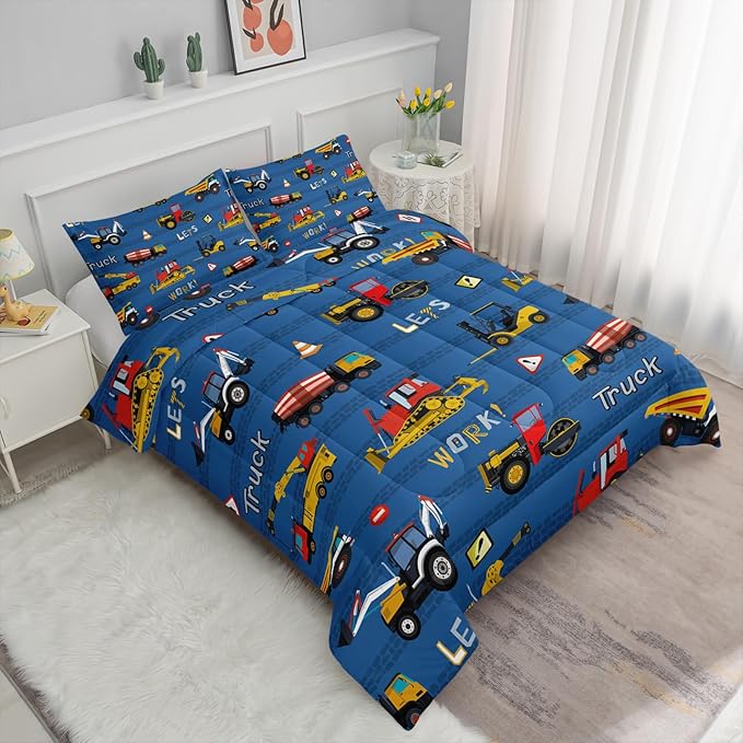 Axolotl Tractor Truck Bedding Set Queen,Excavator Comforter Set,Vehicles Truck Comforter,Boys Bedding Machinery Truck Comforter Construction Site Decor for Kids Boys Teens,1 Quilt 2 Pillowcases,Blue - LeafyLoom