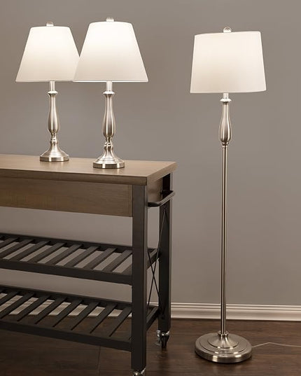 3-Piece Home Lighting Set - Coordinating Bundle with 2 Table Lamps and 1 Floor Lamp for Home and Office Decor by Lavish Home (Silver) - LeafyLoom