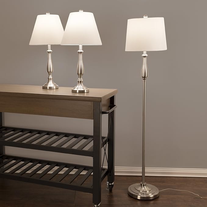 3-Piece Home Lighting Set - Coordinating Bundle with 2 Table Lamps and 1 Floor Lamp for Home and Office Decor by Lavish Home (Silver) - LeafyLoom
