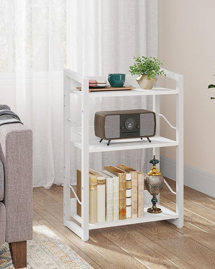 Book Shelf Small Bookshelf - 3-Tier Wood Bookcase Industrial Bookshelf Metal Narrow Bookshelves Storage Organizer Display Rack for Bedroom Living Room Home Office (White) - LeafyLoom
