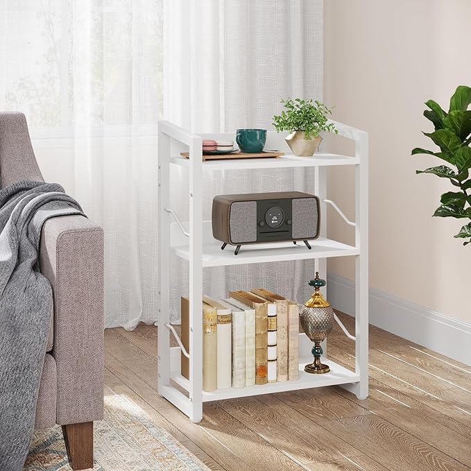 Book Shelf Small Bookshelf - 3-Tier Wood Bookcase Industrial Bookshelf Metal Narrow Bookshelves Storage Organizer Display Rack for Bedroom Living Room Home Office (White) - LeafyLoom