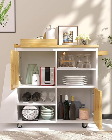 NSdirect Kitchen Island with Storage,Rolling Kitchen Island on Wheels Portable cart Rolling with Spice Racks Towel Holder Utility Trolley with Wood Tray for Home Hotel Kitchen Dinning Room,White - LeafyLoom