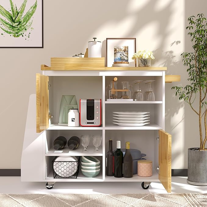 NSdirect Kitchen Island with Storage,Rolling Kitchen Island on Wheels Portable cart Rolling with Spice Racks Towel Holder Utility Trolley with Wood Tray for Home Hotel Kitchen Dinning Room,White - LeafyLoom