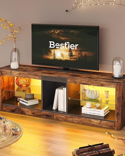 Bestier Entertainment Center Gaming TV Stand for 55 Inch+ TV LED Television Stand with 2 Adjustable Glass Shelves PS Game Console Cabinet for Living Room, Rustic Brown - LeafyLoom