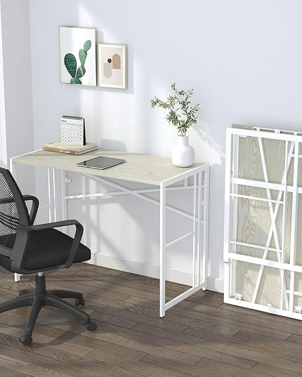 40 inch Folding Desk, Writing Gaming Computer Camping Desk, No Assembly Required Home Office Table, Natural and White - LeafyLoom