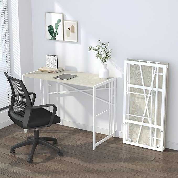 40 inch Folding Desk, Writing Gaming Computer Camping Desk, No Assembly Required Home Office Table, Natural and White - LeafyLoom