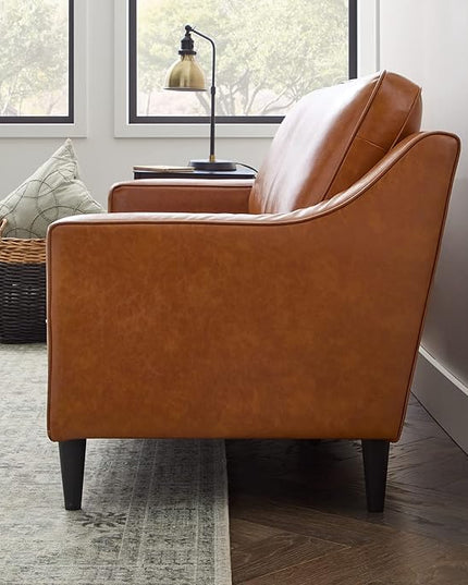 Edenbrook Jensen Upholstered Couch - Couches for Living Room - Camel Faux Leather Couch - Living Room Furniture - Small Couch - Seats Three - Scoop Arm Modern Couch - LeafyLoom