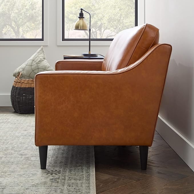 Edenbrook Jensen Upholstered Couch - Couches for Living Room - Camel Faux Leather Couch - Living Room Furniture - Small Couch - Seats Three - Scoop Arm Modern Couch - LeafyLoom