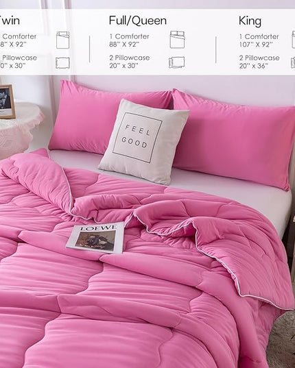 COTTEBED Rose Pink Comforter Queen Size, Jersey Knit T-Shirt Feel Ultra-Soft Cute Cozy Durable Lightweight Bedding Blanket Down Conforter Set and Pillowcase for Women Girl All Season Use Full/Queen - LeafyLoom