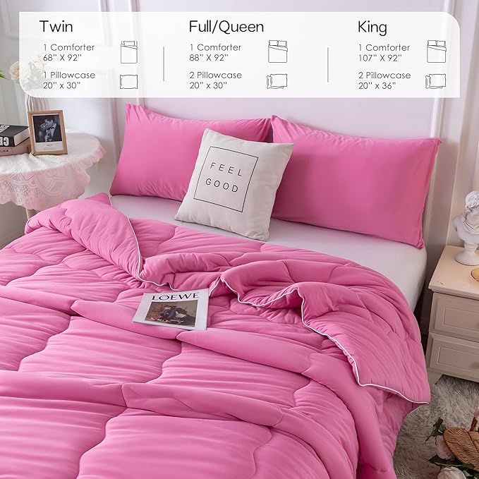 COTTEBED Rose Pink Comforter Queen Size, Jersey Knit T-Shirt Feel Ultra-Soft Cute Cozy Durable Lightweight Bedding Blanket Down Conforter Set and Pillowcase for Women Girl All Season Use Full/Queen - LeafyLoom
