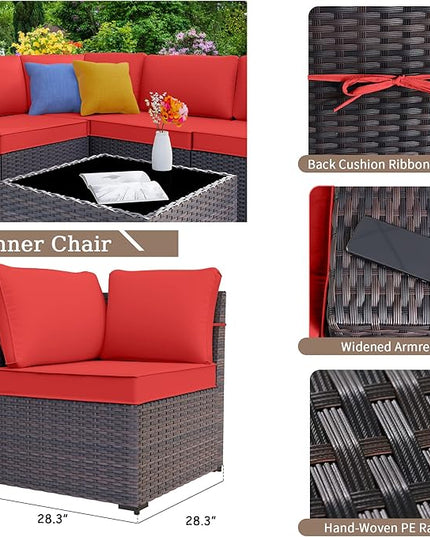 Patio Furniture Sectional Sofa Set 13-Pieces PE Rattan Patio Conversation Set w/43in Gas Fire Pit Table, Outdoor Furniture with 55000 BTU Propane Fire Pit, Red - LeafyLoom