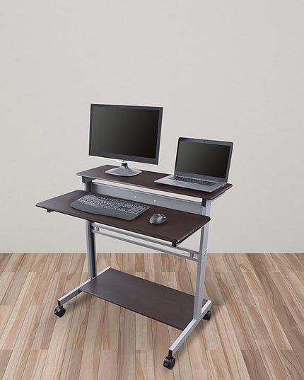 Stand Up Desk Store Rolling Adjustable Height Two Tier Standing Desk Computer Workstation (Silver Frame/Dark Walnut Top, 40" Wide) - LeafyLoom