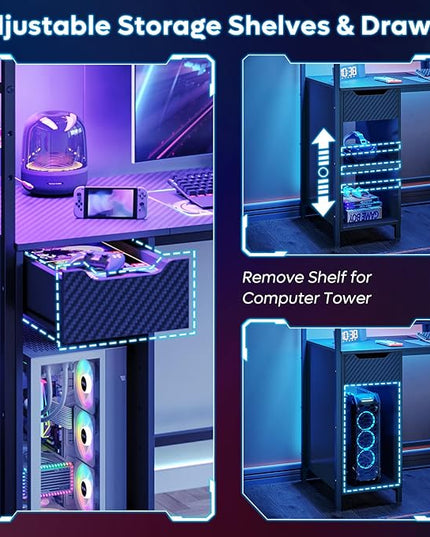 Bestier Gaming Desk with Drawer and LED Lights, 48 inch Computer Desk PC Table with Adjustable Storage Shelves & Hook for Home Office, Carbon Fiber Black - LeafyLoom