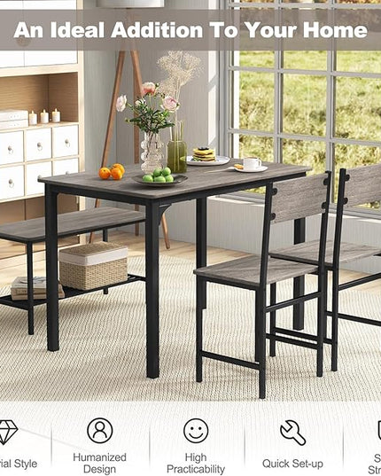 Dining Table Set for 4, Dinette Set w/Bench & Chairs, 2-Person Kitchen Table and Chairs w/Metal Frame & Storage Rack, Space-Saving Kitchen Table w/Bench for Apartment (Grey), Small - LeafyLoom