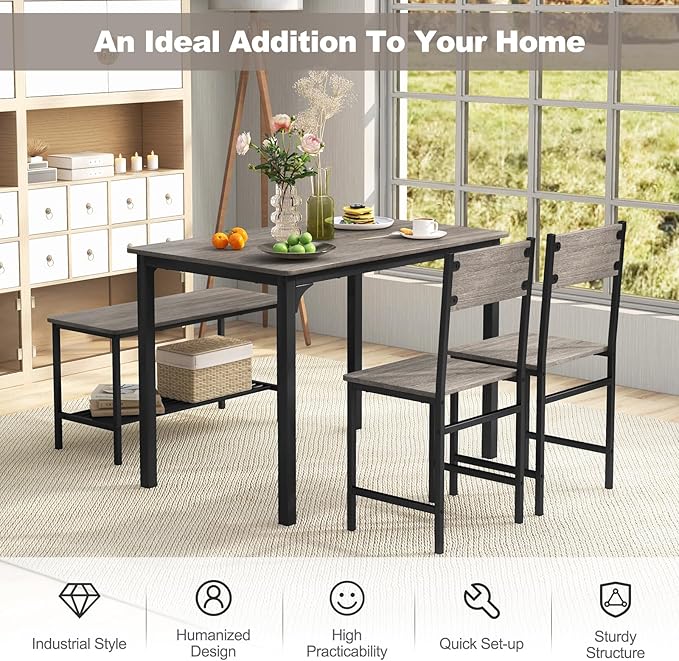 Dining Table Set for 4, Dinette Set w/Bench & Chairs, 2-Person Kitchen Table and Chairs w/Metal Frame & Storage Rack, Space-Saving Kitchen Table w/Bench for Apartment (Grey), Small - LeafyLoom