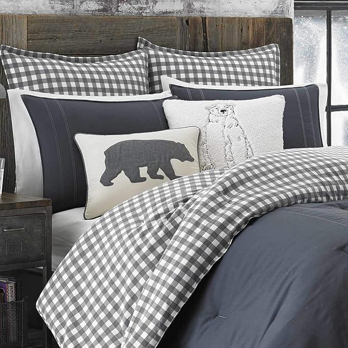 Eddie Bauer - King Comforter Set, Reversible Cotton Bedding with Matching Shams, Pre-Washed for Added Softness (Kingston Charcoal, King) - LeafyLoom