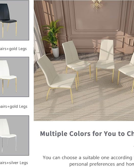 Modern Faux Leather Dining Chairs Set of 4, Padded Seat Dining Side Chairs, Upholstered Chair with Metal Legs for Kitchen, Living Room, Dining Room, White Chairs+Gold Legs - LeafyLoom