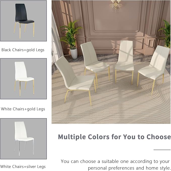Modern Faux Leather Dining Chairs Set of 4, Padded Seat Dining Side Chairs, Upholstered Chair with Metal Legs for Kitchen, Living Room, Dining Room, White Chairs+Gold Legs - LeafyLoom