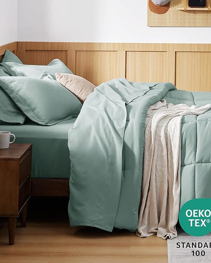 Bedsure Sage Green Queen Comforter Set - 7 Pieces Solid Queen Bed in a Bag, Queen Bed Set Sage Green with Quilted Warm Fluffy Comforters, Sheets, Pillowcases & Shams - LeafyLoom