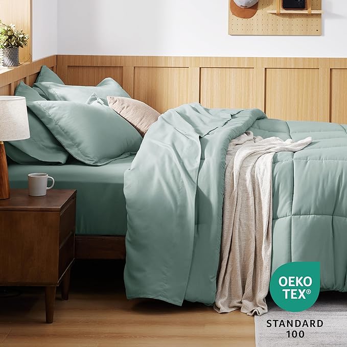 Bedsure Sage Green King Size Comforter Set - 7 Pieces Solid King Bed in a Bag, King Bed Set Sage Green with Quilted Warm Fluffy Comforters, Sheets, Pillowcases & Shams - LeafyLoom