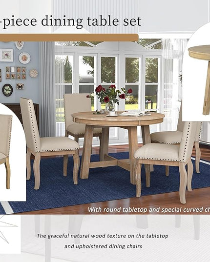 RITSU 5 Piece Farmhouse Round Retractable Table Set with 4 Upholstered Dining Chairs, Copper Ingot Trim, MDF and Smooth Material for Living Room, Apartment, Natural Wood Wash, 58inch - LeafyLoom