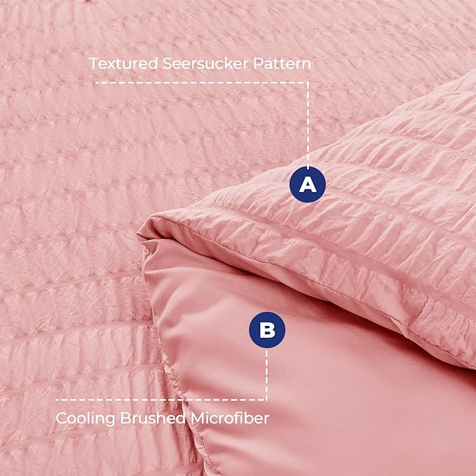 HYMOKEGE Seersucker Queen Comforter Set 3 Pieces, Lightweight Comforter Sets for Bedding, Bed Set with 1 All Season Soft Down Alternative Comforter and 2 Pillow Shams, Pink - LeafyLoom