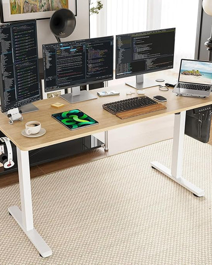 STARY Electric Memory Preset 55 x 24 Inches Adjustable Height Computer Workstation Sit Stand Home Office Desk with Splice Board, 5524, Castin Oak Desktop/White Frame - LeafyLoom