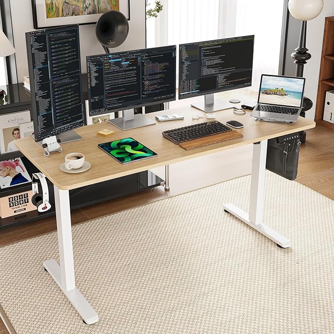 STARY Electric Memory Preset 55 x 24 Inches Adjustable Height Computer Workstation Sit Stand Home Office Desk with Splice Board, 5524, Castin Oak Desktop/White Frame - LeafyLoom