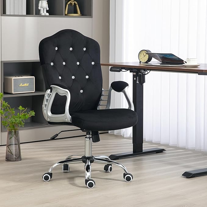 Vinsetto Home Office Chair, Velvet Computer Chair, Button Tufted Desk Chair with Swivel Wheels, Adjustable Height, and Tilt Function, Black - LeafyLoom