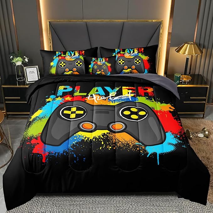 6 Pieces Gamer Comforter Set for Boys Gaming Bedding Set Queen Size,Video Game Controller Comforter for Kids Adult 3D Gamepad Microfiber Bedding Sets 6 Pieces Bed in A Bag Sets30019,Queen - LeafyLoom