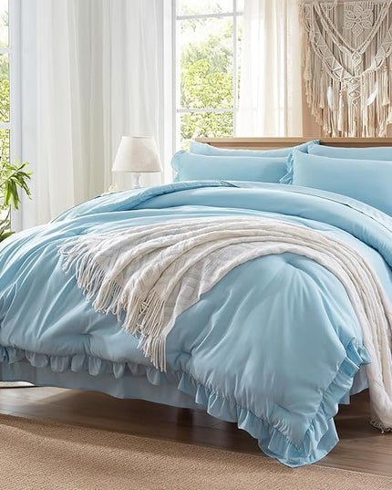 Anluoer Queen Comforter Set 7 Piece, Blue Bed in a Bag with Sheets, All Season Ruffle Shabby Chic Bedding Sets with 1 Comforter, 2 Pillow Shams, 2 Pillowcases, 1 Flat Sheet, 1 Fitted Sheet - LeafyLoom