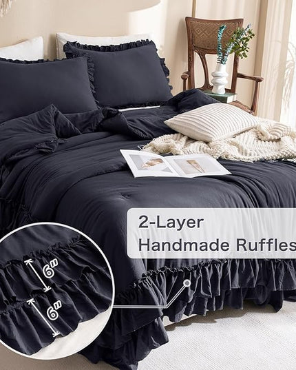Shabby Comforter Set Queen,Farmhouse Rustic Microfiber Bedding Ruffled Comforter Set,Vintage Dark Gray Ruffle Comforter for Queen Bed Fluffy Aesthetic Grey Bedding 3 Pieces - LeafyLoom