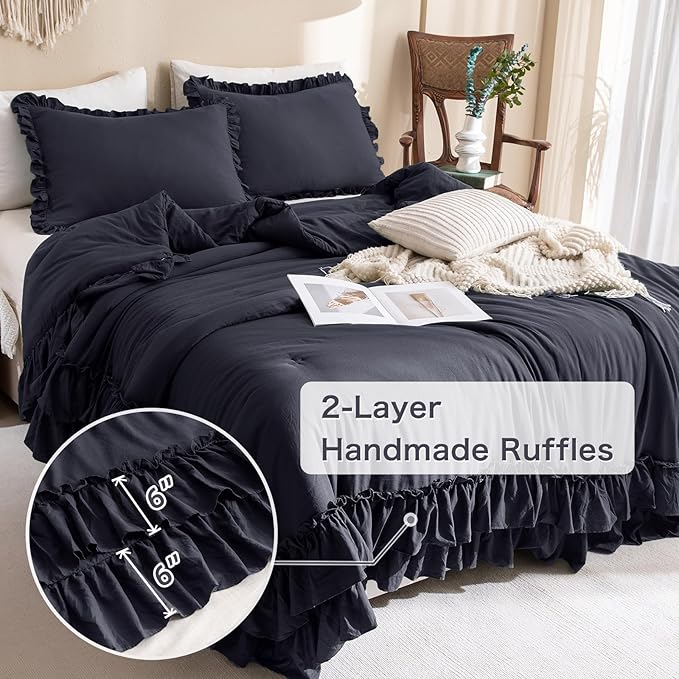 Shabby Comforter Set Queen,Farmhouse Rustic Microfiber Bedding Ruffled Comforter Set,Vintage Dark Gray Ruffle Comforter for Queen Bed Fluffy Aesthetic Grey Bedding 3 Pieces - LeafyLoom
