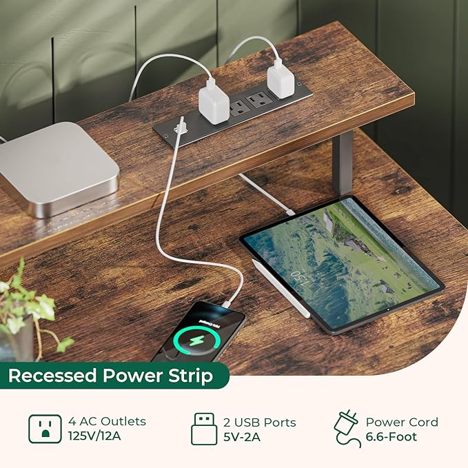 55 inch Computer Desk with 4 Drawers, Gaming Desk with LED Lights & Power Outlets, Home Office Desk with Large Storage Space for Bedroom, Work from Home, Rustic Brown - LeafyLoom