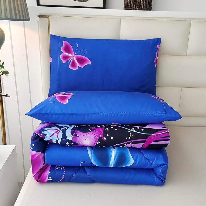 SDY 3PCS Butterfly Comforter Set Twin, Bed in a Bag Set Twin Quilt Set, Kawaii Comforter Purple Floral Bedding, Bedroom Decor Aesthetic for Girls, Kids, Toddler, Children, Teenage, Baby… - LeafyLoom