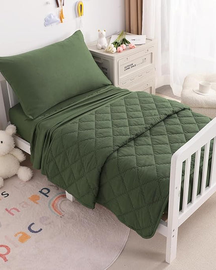 NTBAY Toddler Bedding Set - 4 Piece Soft and Breathable Crib Bedding Set for Boys and Girls, Includes Quilted Comforter, Fitted Sheet, Flat Top Sheet and Envelope Pillowcase, Olive Green - LeafyLoom