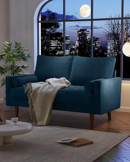 Velvet Furniture for Small Spaces, Mid-Century Modern Loveseats for Living Room, Love Seat Couch Sofas, 58 Inches, Prussian Blue - LeafyLoom