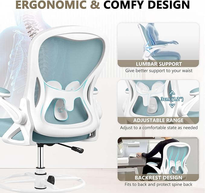 Drafting Chair, Tall Office Chair Ergonomic Standing Desk chair, Lumbar Support Computer Chair Swivel Task Rolling Chair with Adjustable Flip-up Armrests & Foot Ring (Light Blue) - LeafyLoom