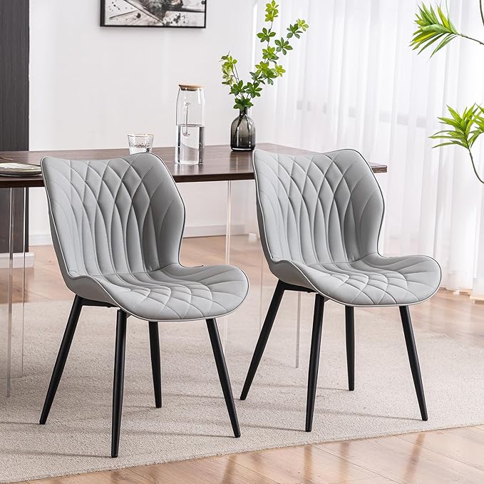 YOUNIKE Dining Chairs Set of 2, Upholstered Faux Leather Kitchen & Dining Room Chairs, Mid Century Modern Living Room Bedroom Side Chairs with Wide Wing Back and Adjustable Metal Legs, Grey - LeafyLoom