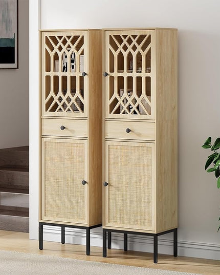 XIAO WEI 2-Piece Tall Cabinet Narrow Linen arched cabinet Storage Cabinet Natural Rattan Doors Fretwork Pattern Doors for Living Room Entryway Kitchen Home Office Bathroom - LeafyLoom