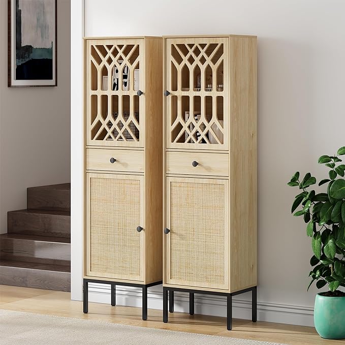 XIAO WEI 2-Piece Tall Cabinet Narrow Linen arched cabinet Storage Cabinet Natural Rattan Doors Fretwork Pattern Doors for Living Room Entryway Kitchen Home Office Bathroom - LeafyLoom