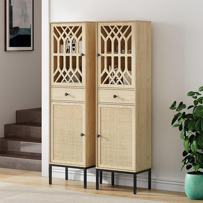 XIAO WEI 2-Piece Tall Cabinet Narrow Linen arched cabinet Storage Cabinet Natural Rattan Doors Fretwork Pattern Doors for Living Room Entryway Kitchen Home Office Bathroom - LeafyLoom
